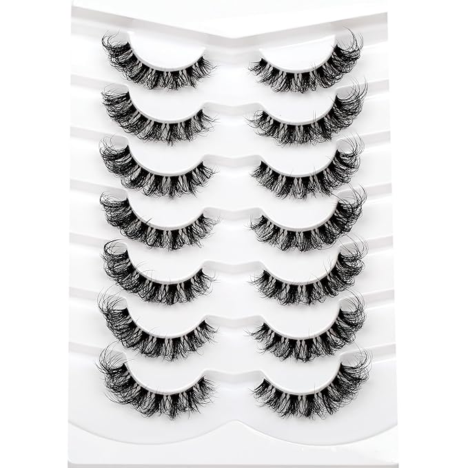 Pooplunch Fake Eyelashes Faux Mink Lashes Strips Cat Eye Wispy Volume Lashes D-Curly Clear-Band Natural 8D Extension Wispies 7 Pairs Pack
