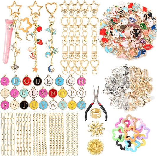 428Pcs Charms Lip Gloss Keychain Making Kit, DIY Bag Charm Kit with 25 Keychain Clips 25 Extender Chain 140 Charms Jewelry Plier & Beading Accessories, Jewelry Making Kit for Custom Keychains Gifts