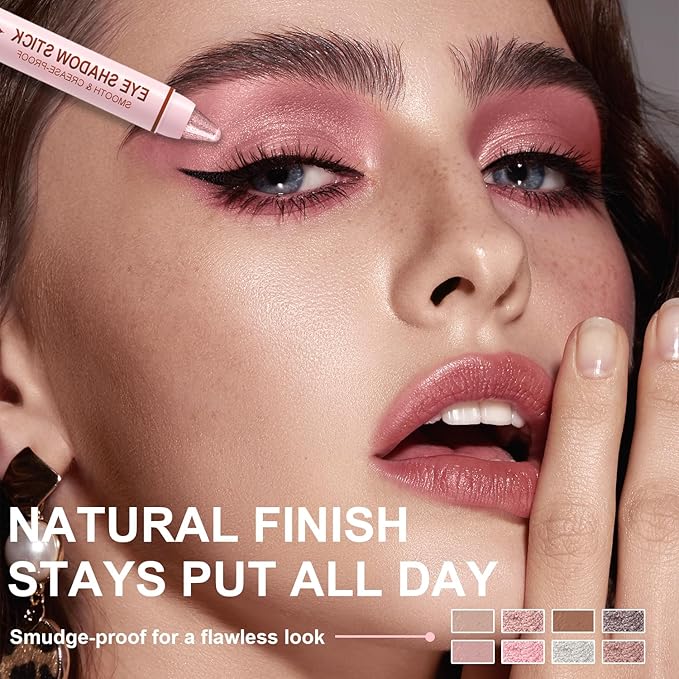 8Pcs Eyeshadow Stick, Eye Brightener Stick Built-in Blender Brush, Shimmer Creamy Eye Shadow Makeup, Waterproof Long Lasting Glitter Highlighter Eye Liner Pencil (8PCS A)