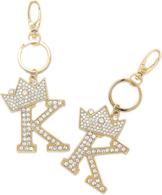 CBC Crown Crystal Rhinestone Letter Initial Keychain, Gold Metal, Bag Charm with Key Ring Approx. 2.17" x 2.56"