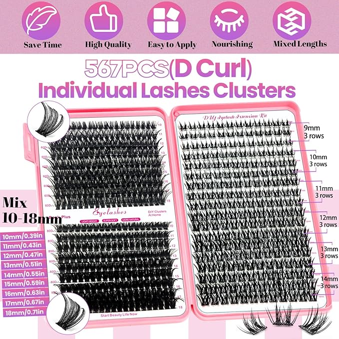 Qiveaory DIY Lash Extension Kit 567 Pcs Individual Lashes Clusters with Wispy lashes,Lash Bond and Seal,Eyelash Remover Tweezers Brush Eyelash Extension Set Lash Books DIY at Home
