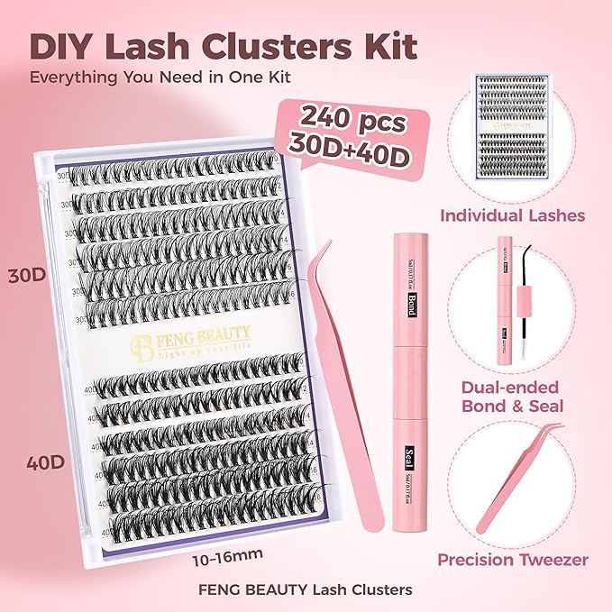 FENG BEAUTY DIY Lash Clusters Kit, 240PCS 30D+40D Mixed Lengths 10–16mm, Natural Wispy Fluffy Look, 2-in-1 Bond&Seal+Precision Tweezer, Lashes Extension Kit (0.07D, 10-16mm, Individual Lashes Kit)