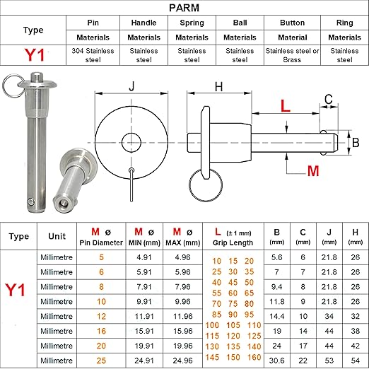 Stainless Steel Ball Head Locking PinQuick Release Pin , 6mm 1/4" Pin Dia Safety Push Button Linear Array Stop Pin with Lanyard Cable for Musical Instrument (2Pack, Usage Length(MM):65)