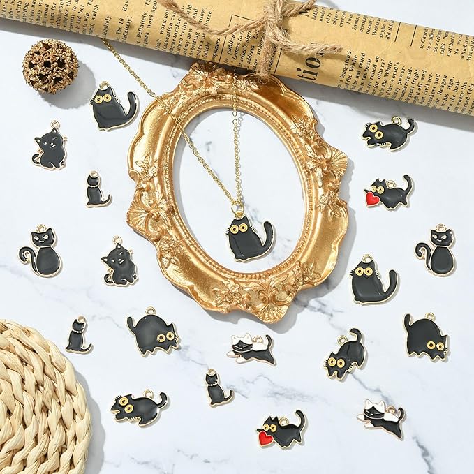Stiesy 40 Pcs 8 Styles Enamel Black Cat Charms for Jewelry Making Kawaii Animal Kitten with Red Heart Dangle Charms Pendant Bulk for Crafting DIY Necklace Bracelet Earring Presents