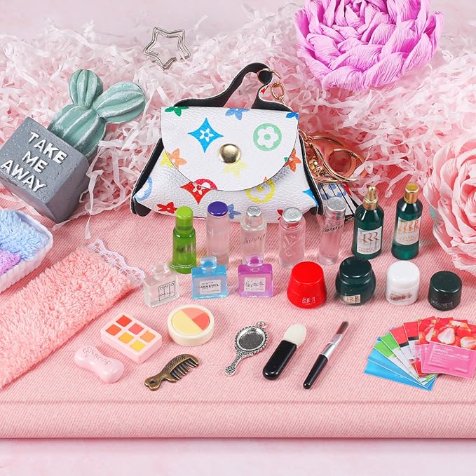 62 Pcs Miniature 1: 12 Scale Dollhouse Decoration Accessories Include Dollhouse Toothbrush Toothpaste Towel Mask Soap Lipstick Comb Shampoo Lotion Cleansing Cream Perfume Bag