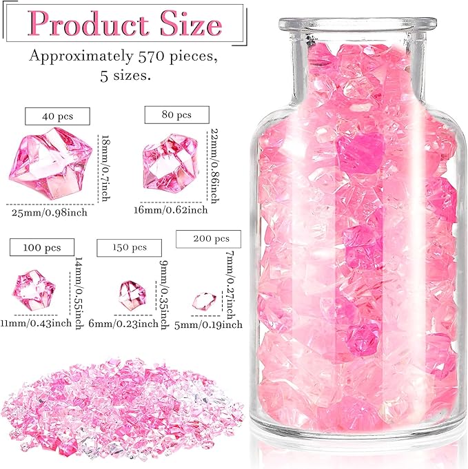 Syhood 570 Pcs 5 Sizes Pink and Clear Fake Crushed Ice Rocks Plastic Gemstones Acrylic Crystal Gems Diamonds for DIY Craft Valentine Day Vase Fillers Fish Tank Makeup Brush Centerpieces Wedding Decor