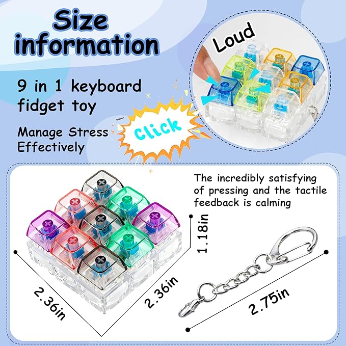 2 Pack 9 in 1 Keyboard Fidget Toy, Keyboard Fidget Keychain Keyboard Decompression Button Finger Clicker Toys Stress Relief Fidget Gifts (Mix Transparent)