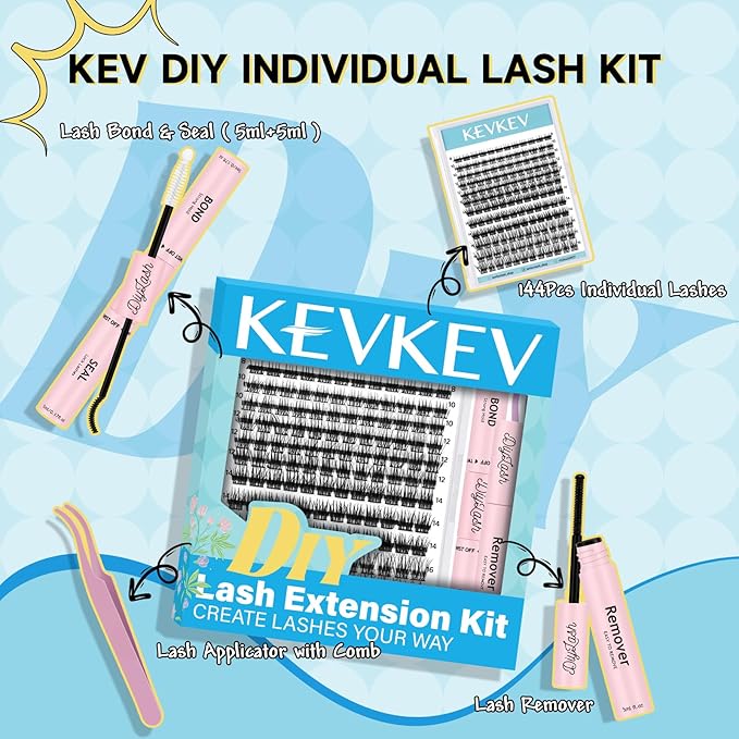 KevKev Lash Extension Kit Lash Clusters Kit 144Pcs 8-16mix Length Ultra Soft Eyelash Extension Kit Lash Bond and Seal Lash Glue Lash Remover for DIY Eyelash Extensions(Wetland, D-8-16mix)