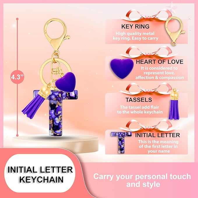 Initial Keychains for Women with Cute Heart Resin - Alphabet Letter Keychain for Bag, Backpacks, Purse or Car key