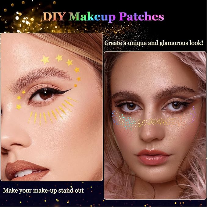 HyperFun 12Pcs Face Glitter Freckles, Face Glitter Fake Freckles Sticker, Holographic Multichrome Waterproof Sparkle Freckles Makeup Patches for Women Rave Festival Accessories Concerts Party Prom