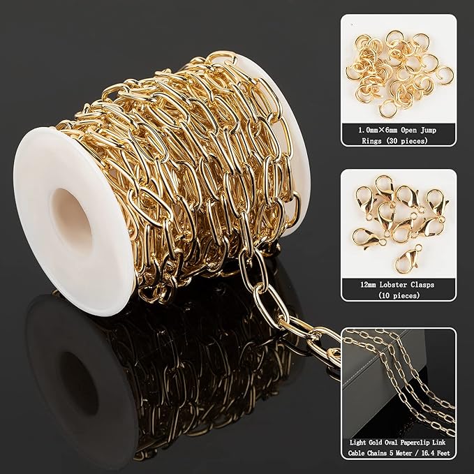 16.4 Feet Aluminum Oval Light Gold Chains for Jewelry Making Unwelded Paperclip Link Cable Chain Roll Necklace Chains Bulk with Lobster Clasps and Jump Rings