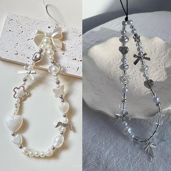 2 Pcs Phone Charm Strap Hand Universal for iPhone Wrist Strap Camera Lanyard Pearl Beaded Cute Chain String Accessories Universal for iPhone 17 Pro Max Samsung Women Girls Phones Bag Keychain