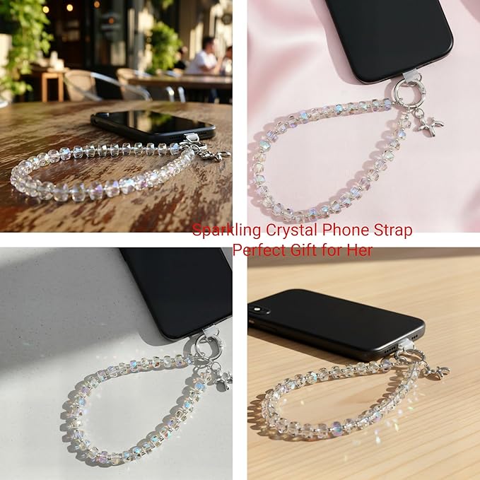 Crystal Phone Wrist Strap Phone Charm Chain Keychain Beaded Cellphone Lanyard with Tether Tab Hands-Free Wristlet Bracelet Wrist Grip Strap for Women, W-Light Purple