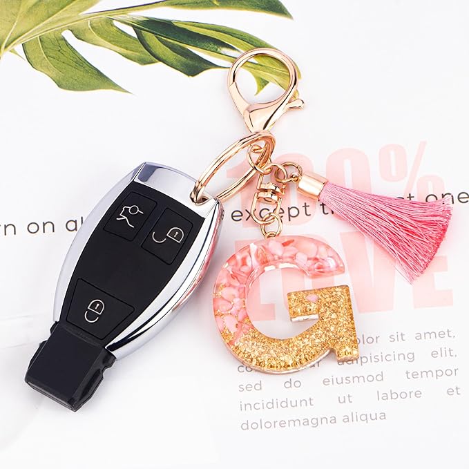 Suweibuke Cute Pink Key Chains for Women Girls, Initial Letter Keychains with Tassel, Charms for Key Purse Handbags Backpacks