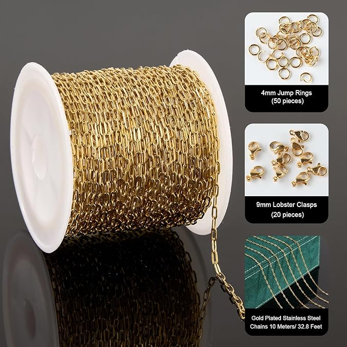 UMAOKANG 32.8 Feet Small Paperclip Chain for Jewelry Making Dainty Gold Plated Stainless Steel Chains Bulk on Spool