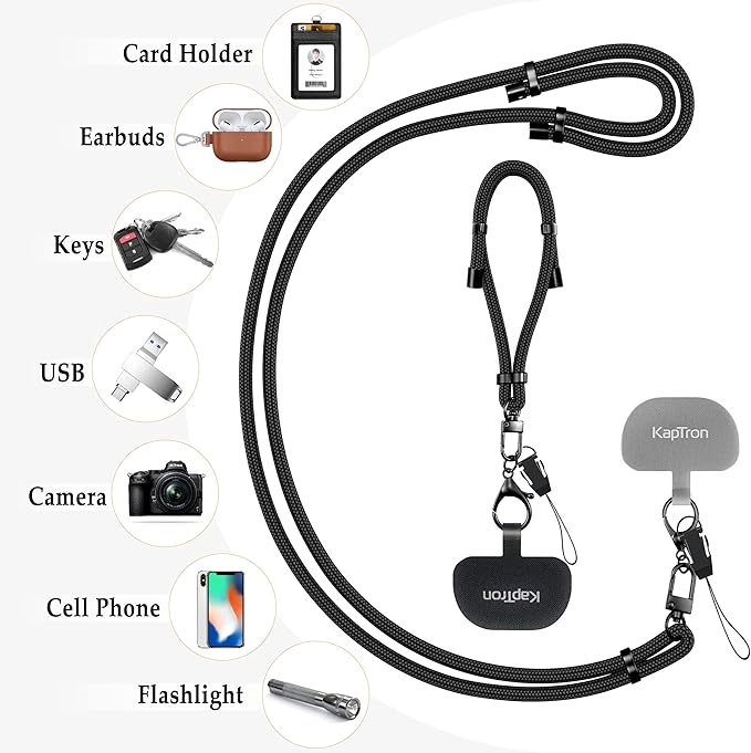 Kaptron 2Pcs Cell Phone Lanyard: Universal Adjustable Crossbody Phone Strap and Wrist Strap, with 2 Lobster Clips and 2 Tether Patches, Compatible with Most iPhone and Android Smartphones (Black)