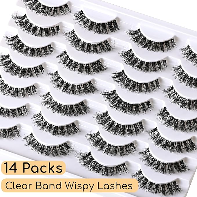 APCYUST Lashes False Eyelashes Natural Wispy Lash Strips Clear Band Fake Eyelash Pack 14 Pairs Cat Eye Strip Lashes Set Fluffy Mink Eyelashes Natural Look Short Wispies Pestañas Postizas for Women