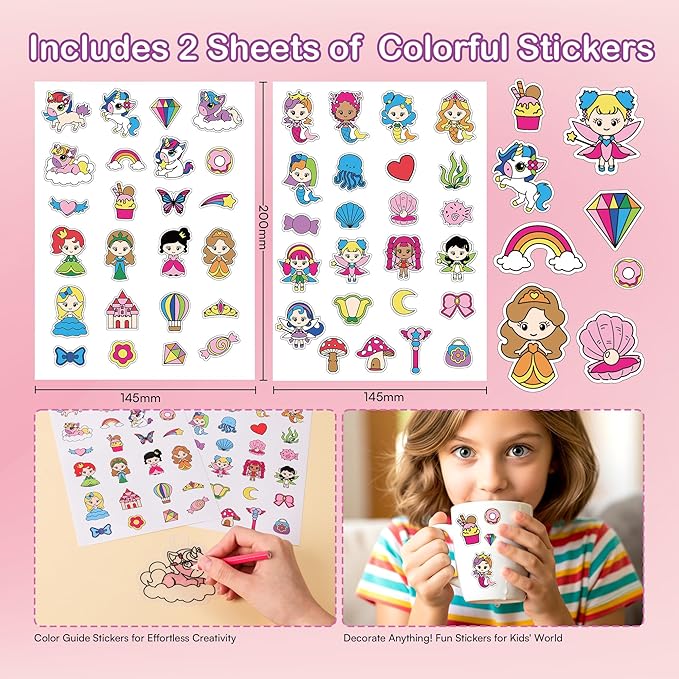 Auihiay DIY Shrinking Art Kit for Kids, 48Pcs Pre-Cut Charms, Unicorn, Princesses Shapes, No Mess Creative Activity Jewelry Making Shrinky Art Kit with Pencils, Keychains, and Cartoon Stickers