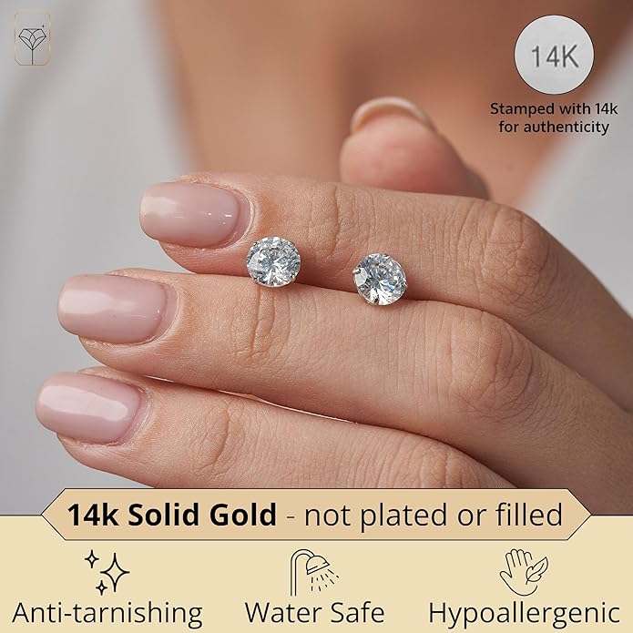 14k Gold Solitaire Round Cubic Zirconia Earrings Studs for Women & Men | Anti Tarnishing CZ Stud Earrings with 14k Gold Butterfly Pushbacks | 4MM-7.5MM by MAX + STONE