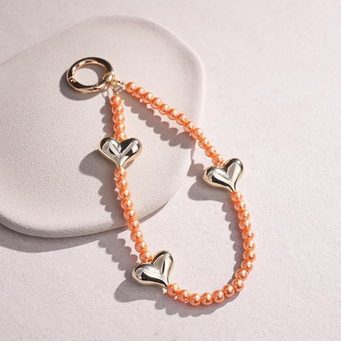 Beaded Phone Wrist Strap for Women Pearl Wristlet Strap Cute Phone Lanyard Golden Heart Shaped Bead Cellphone Chain (Orange)