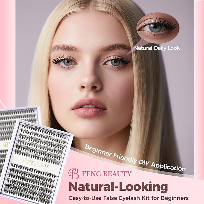 FENG BEAUTY DIY Lash Clusters Kit, 240PCS 30D+40D Mixed Lengths 10–16mm, Natural Wispy Fluffy Look, 2-in-1 Bond&Seal+Precision Tweezer, Lashes Extension Kit (0.07D, 10-16mm, Individual Lashes Kit)