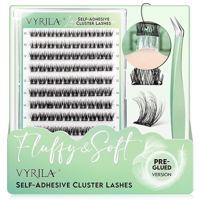 VYRILA Self-Adhesive Lash Cluster, Pre-Glued Clusters with Tweezers, Pop-On Faux Eyelashes, 3D Thin Band D Curl Natural Look Lahses, Easy to Apply, Reusable 0.05mm Eyelash Extensions (Joy-10-16-Kit)