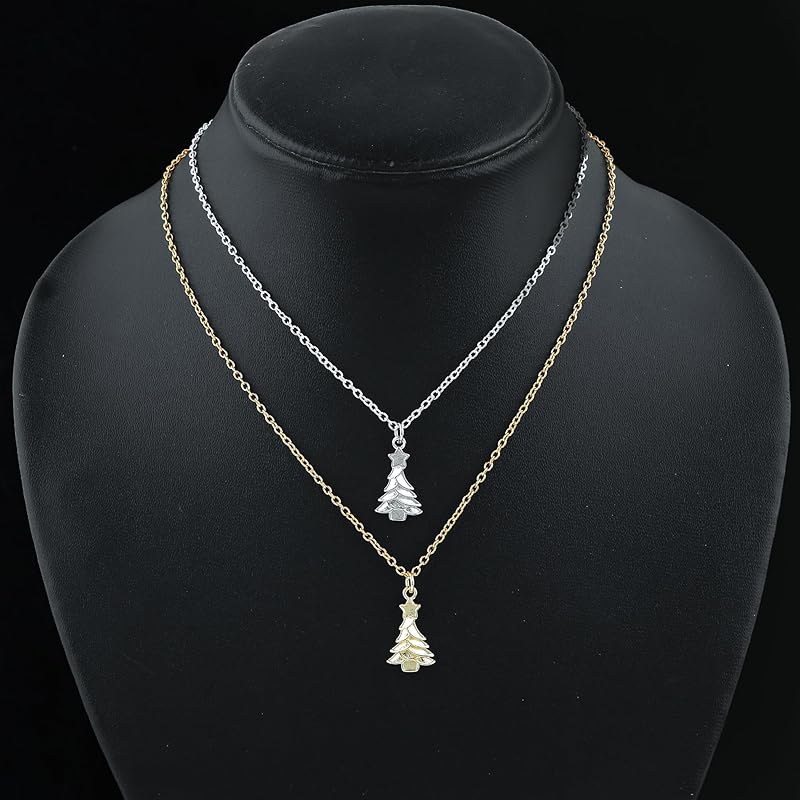 JOR Christmas Tree Charm Pendant Necklace, Women Jewelry, Dainty Gold & Silver Plated Combo Chain 18 inch (Pack of 2)