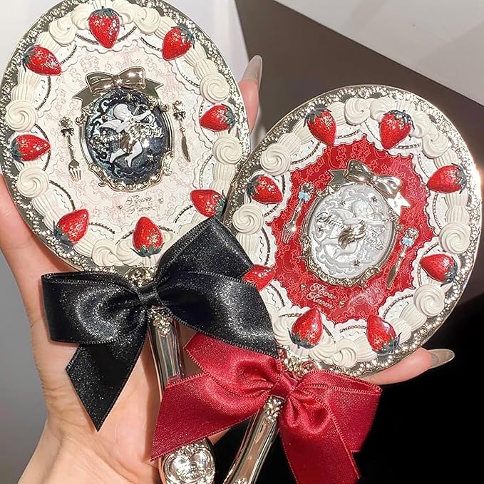 Flower Knows Strawberry Cupid Hand Mirror,Vintage Handheld Mirror,Fancy & Pretty Princess Mirror with Long Handle,Gift for Girls & Women(Milky Shake)