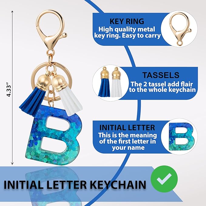 Initial Letter Keychain Cute Resin with 2 PU Tassel, Letter Keychain for Backpack Charms, Initial Keychains for Women