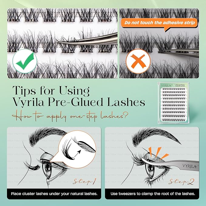 VYRILA Self-Adhesive Lash Cluster, 120pcs Pre-Glued Clusters, Pop-On Faux Eyelashes, 3D Band D Curl Natural Look Lahses, Easy to Apply, Reusable 0.05mm Eyelash Extensions (Green Hush-D-0.05-10-16mix)
