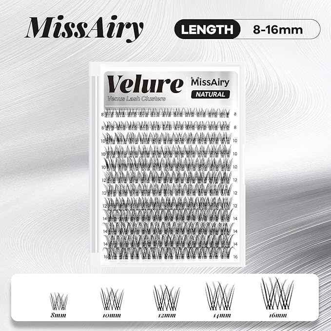 Velure Lash Clusters Eyelash Extensions Natural Lashes Individual Lash Clusters 8-16MM Eyelash Clusters Natural with Invisible Band Venus D Curly Individual Lashes by MissAiry(Velure 8-16MM)