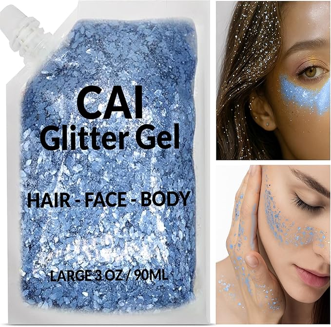 Face, Body & Hair Glitter Gel – Halloween Glitter for Kids and Women – 3 Oz Cosmetic-Grade Gel w/Moon & Stars for Festivals & Halloween Party, Easy Apply & Wash Off - Blue 1Pack