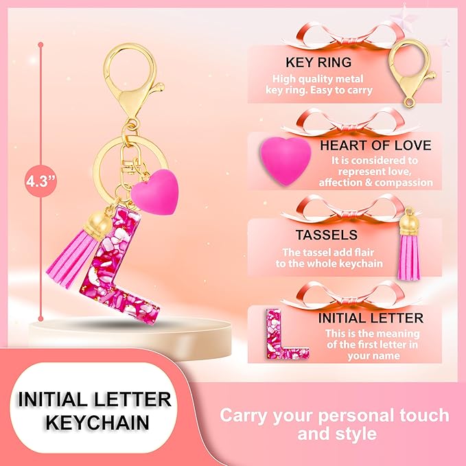 Initial Keychains for Women with Cute Heart Resin - Alphabet Letter Keychain for Bag, Backpacks, Purse or Car key