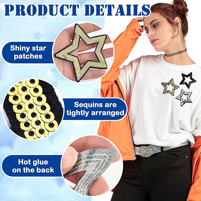 20pcs Hollow Star Iron on Patches - Sequin & Glitter Star Iron on Patches for Hats, Clothes, Backpacks, Costume