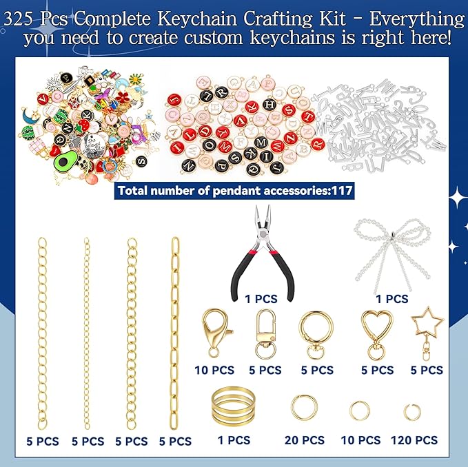 DRHWEFSQ 325Pcs Lipgloss Keychain Making Kit, DIY Jewelry Supplies with 118 Charms, 25 Extender Chains, 30 Clips, 150 Jump Rings & Plier for Custom Keychains, Bags, Handmade Gifts