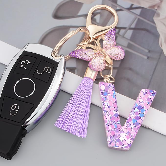 Initial letter Keychains for Women Girls Tassel Butterfly Cute Keychain for Wallet Backpack charm