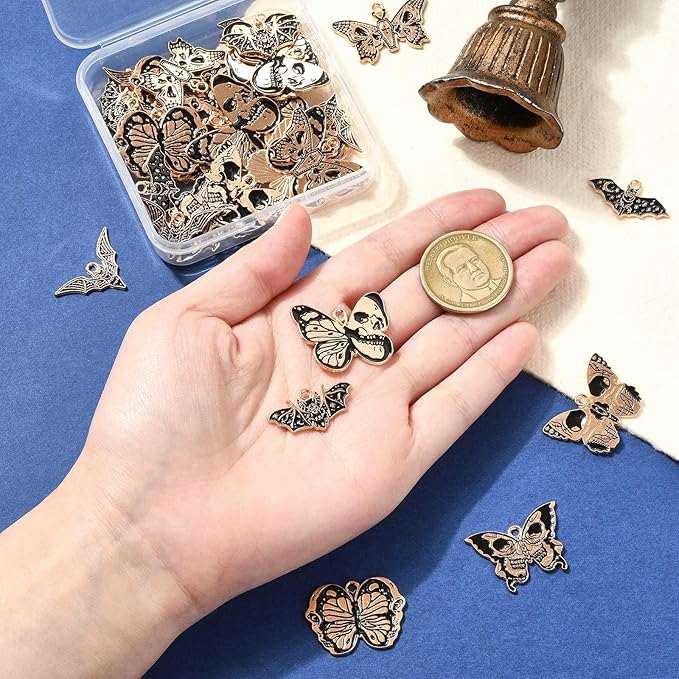 Stiesy 40 Pcs 8 Styles Gothic Style Black Enamel Butterfly Charms Animal Bat with Skull Pendant Metal Charm for Jewelry Making Crafts DIY Bracelets Necklace Earring