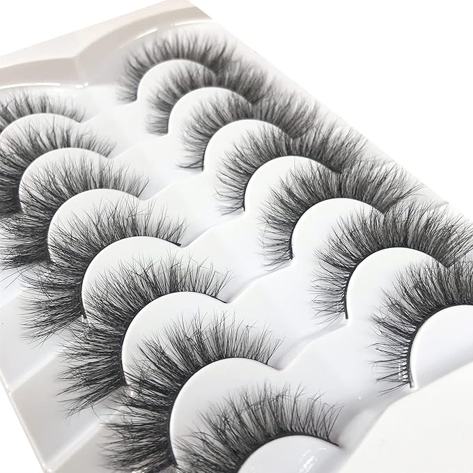 Pooplunch False Eyelashes Natural Cat Eye Look Wispy Volume Faux Mink Lashes 7 Pairs Pack 8D Soft Curly Fluttery Short Fake Eyelash Strips for Daily Use