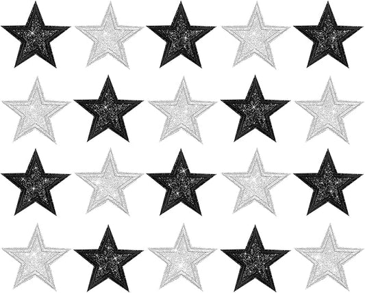 20Pcs Glitter Star Iron on Patches Silver Black Star Patches Applique for Clothing Hats Jacket Jeans Backpack