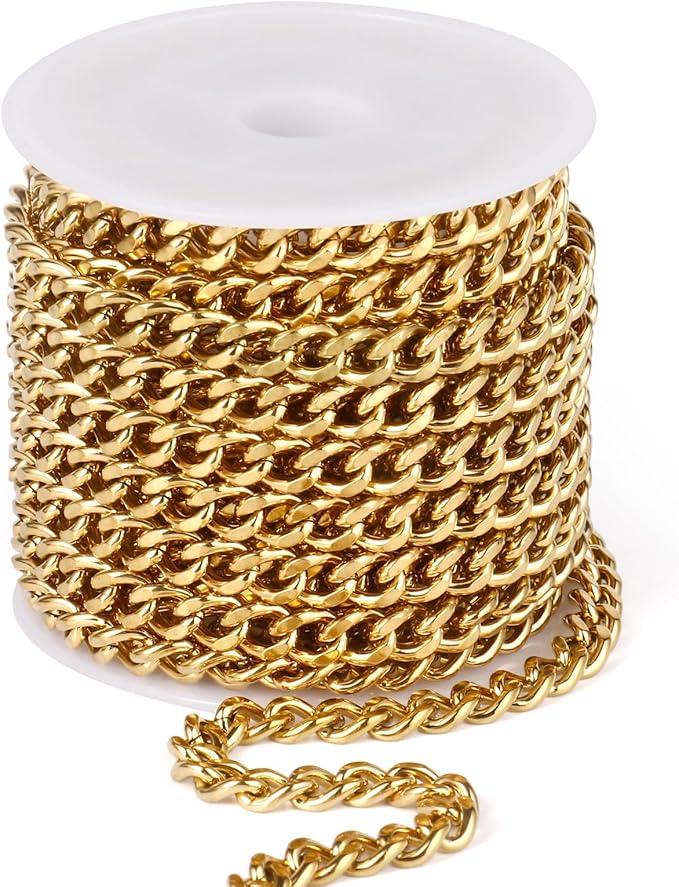 16.5FT Gold Stainless Steel Cuban Chain Roll 6MM 18K Gold PVD Plated Diamond-Cut Curb Link Chains Spool Bulk for Jewelry Making