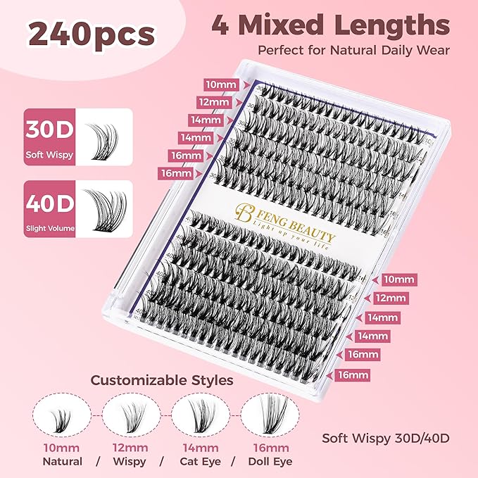 FENG BEAUTY DIY Lash Clusters Kit, 240PCS 30D+40D Mixed Lengths 10–16mm, Natural Wispy Fluffy Look, 2-in-1 Bond&Seal+Precision Tweezer, Lashes Extension Kit (0.07D, 10-16mm, Individual Lashes Kit)