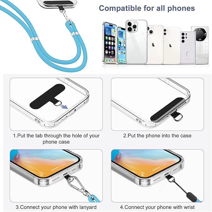 takyu Phone Lanyard, 2 Pack Adjustable Cell Phone Lanyard Crossbody Neck Strap and 2 Pack Phone Wrist Strap with Tether Tabs Compatible for iPhone Smartphones-Black Blue