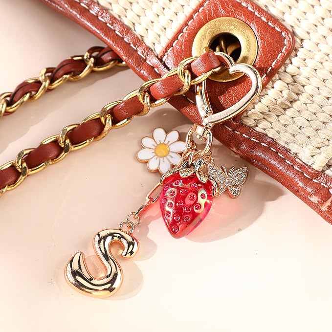 Strawberry Initial Keychain for Women-Cute Kawaii Gold Alphabet Bag Charms, Key chain Gift for Purse Handbag
