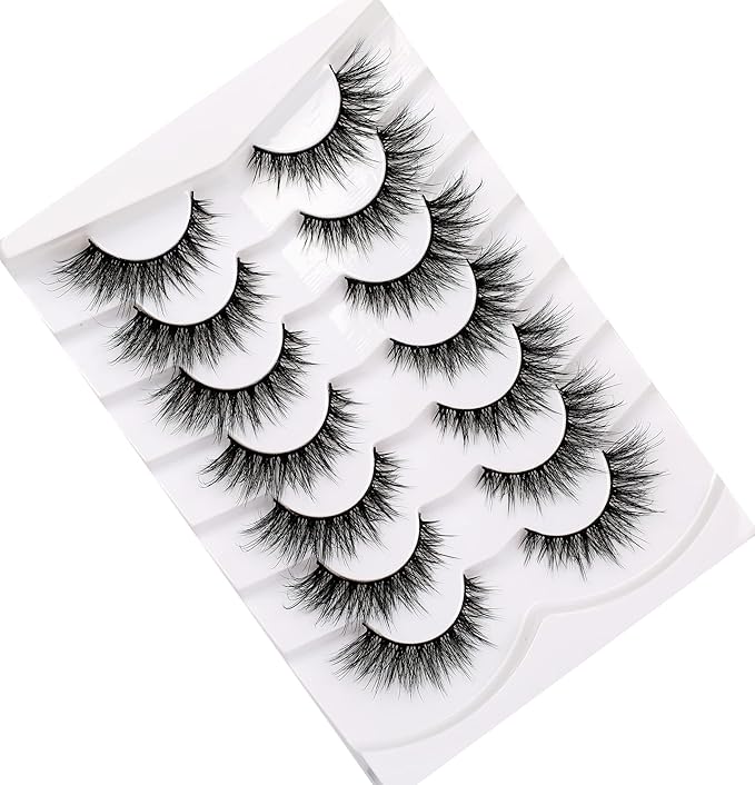 Pooplunch False Eyelashes Fairy Lashes Wispy Crossed Faux Mink Lashes Cat Eye Look Fluttery Volume 8D Fake Eyelashes Faux Mink Lashes Strips 7 Pairs Pack
