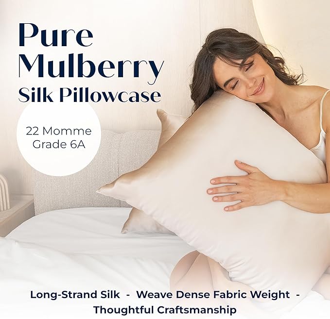 Moonaé Mulberry Silk Pillowcase – Pure Silk Pillow Cover for Healthier Hair & Smoother Skin – Soft, Breathable and Temperature-Regulating, Luxurious Silk Case Colors Beige-S