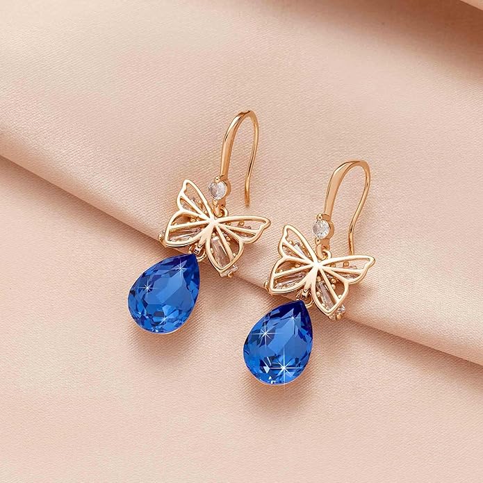 Austrian Crystal Teardrop Butterfly Drop Dangle Earrings for Women 14K Rose Gold Plated Hypoallergenic Jewelry