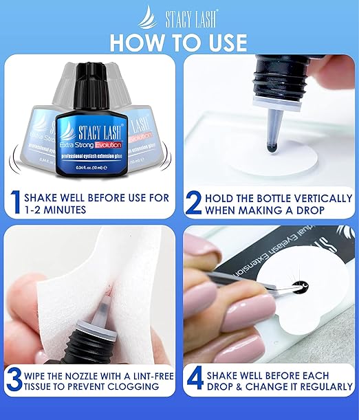 STACY LASH Extra Strong Evolution Eyelash Extension Glue (0.34 fl.oz/10 ml)/1-2 Sec Dry/Retention – 8 Weeks/Professional Supplies/Black Adhesive