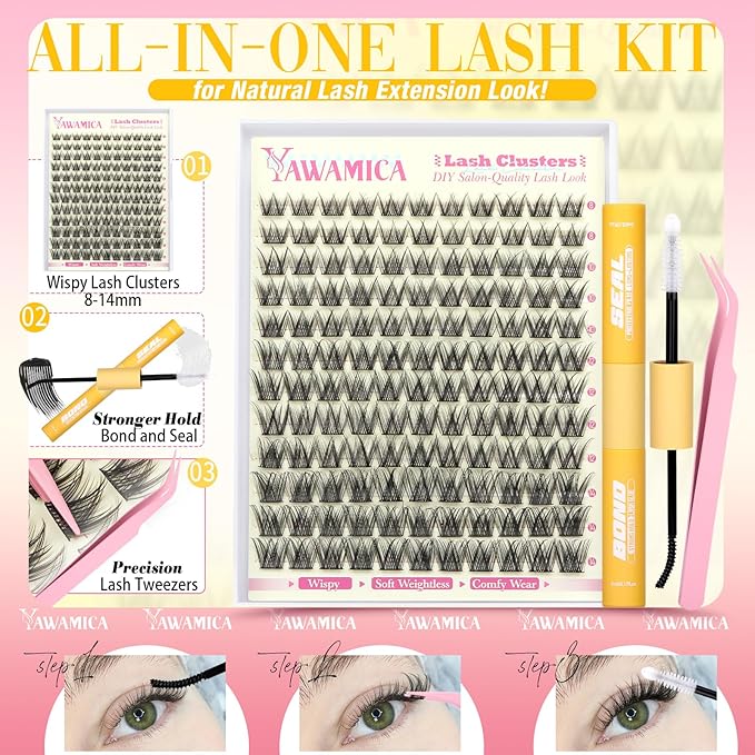 Yawamica Wispy Lash Clusters Kit DIY Lash Extension Kit 8-14mm Eyelash Clusters Natural Cluster Eyelash Extensions D Curly Individual Lashes 144 Clusters Lashes with Waterproof Bond and Seal Tweezers