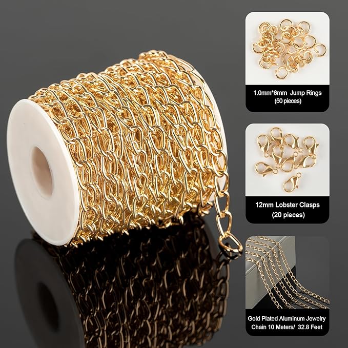 32.8 Feet Gold Plated Aluminum Jewelry Chains Bulk Twist Curb Link Chain Necklace Handmade DIY Jewelry Chain Making