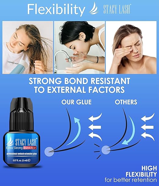 STACY LASH Extra Strong Evolution Eyelash Extension Glue (0.17fl.oz / 5ml) / 0.5-1 Sec Dry/Retention – 8 Weeks/Professional Black Adhesive/Lash Tech Supplies + Glue Ring